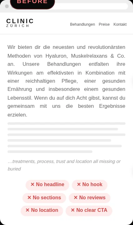 Before: schematic of the clinic's one-paragraph homepage with no headline, sections, reviews, location or clear call to action