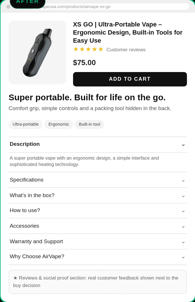 After: AirVape XS GO product page with a keyword-rich title, headline, hook, reviews and sectioned content