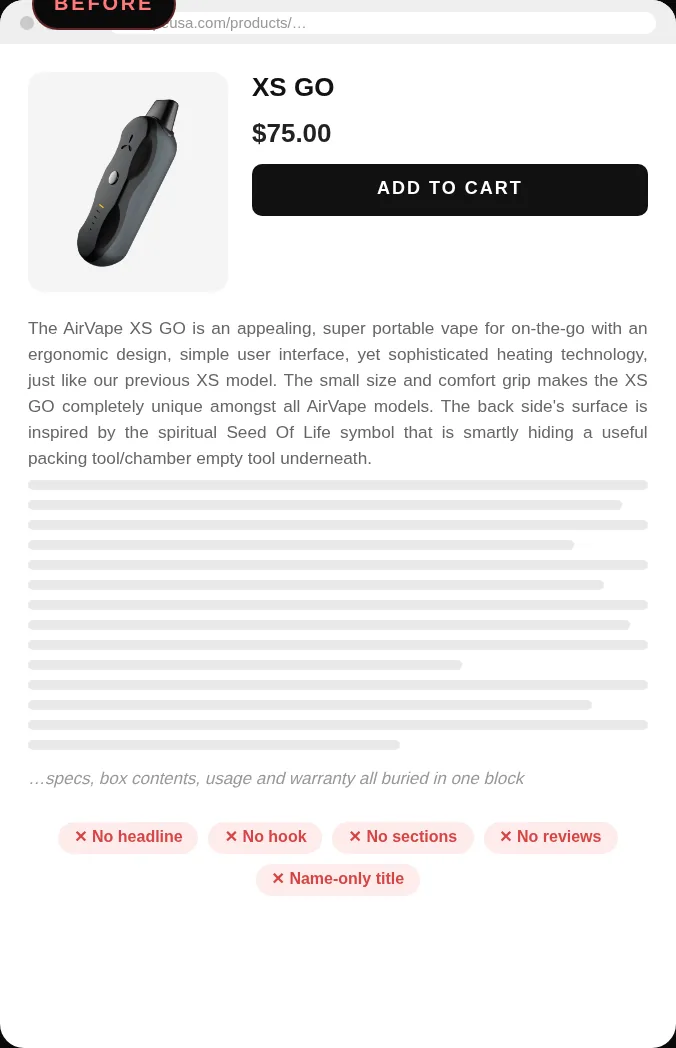 Before: AirVape XS GO product page with a name-only title and one long paragraph of description