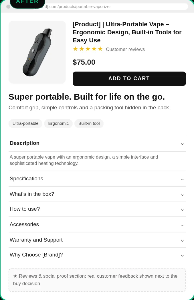 After: flagship portable vaporizer product page with a keyword-rich title, headline, hook, reviews and sectioned content