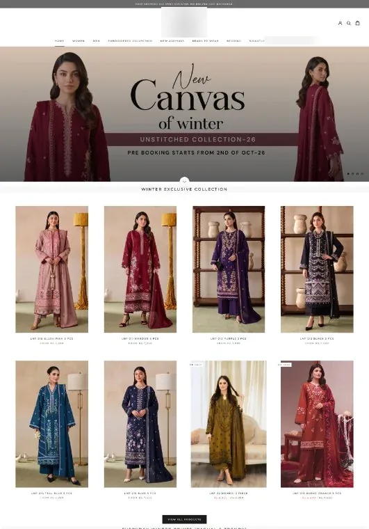 After: the live Fashion Brand in Faisalabad storefront with the brand's logo (blurred here), a ‘New Canvas of Winter’ campaign banner and the Winter Exclusive Collection in sharp model photography