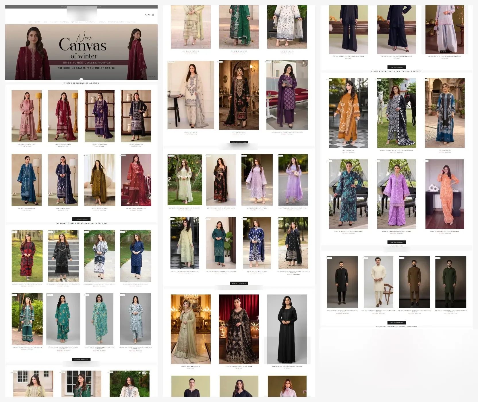 Full-page screenshot of the live Fashion Brand in Faisalabad storefront, shown top to bottom in three columns: New Canvas of Winter banner, Winter Exclusive, Everyday Winter Prints, Karandi, Summer Best Sellers, a designer Signature Collection and Men’s Wear
