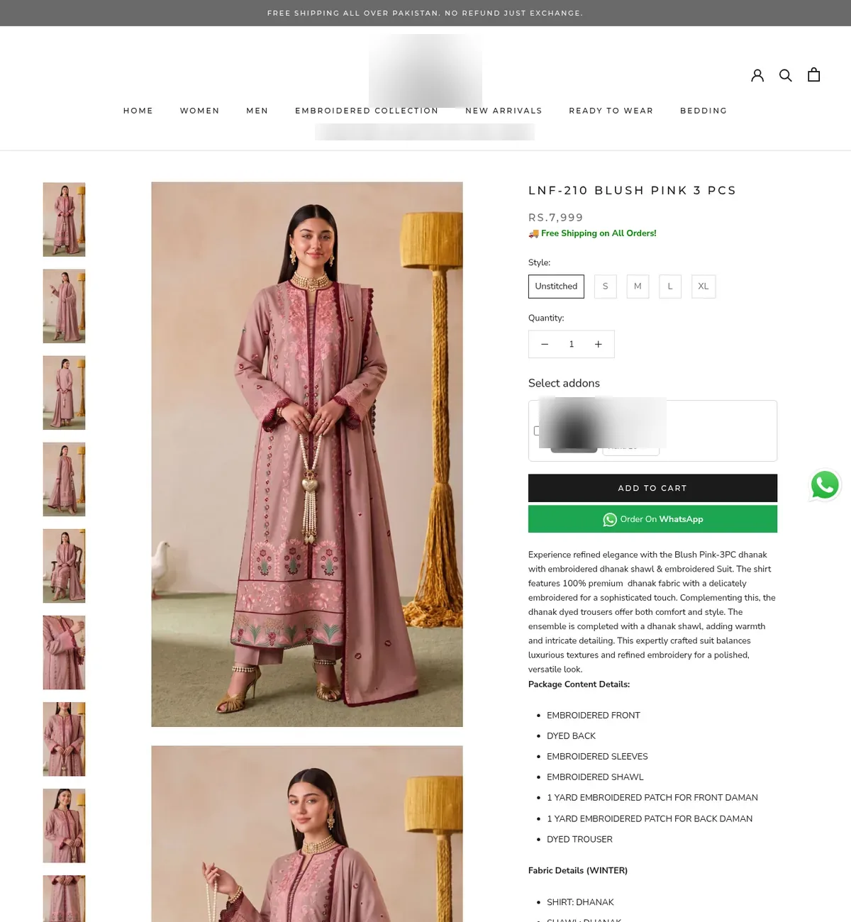 Live Fashion Brand in Faisalabad product page for LNF-210 Blush Pink 3 Pcs: multi-angle model photos, free shipping note, Order on WhatsApp button, product description and package contents, captured 24 Oct 2026