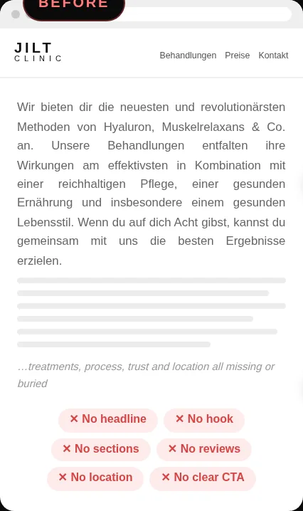 Before: schematic of Jilt Clinic's one-paragraph homepage with no headline, sections, reviews, location or clear call to action