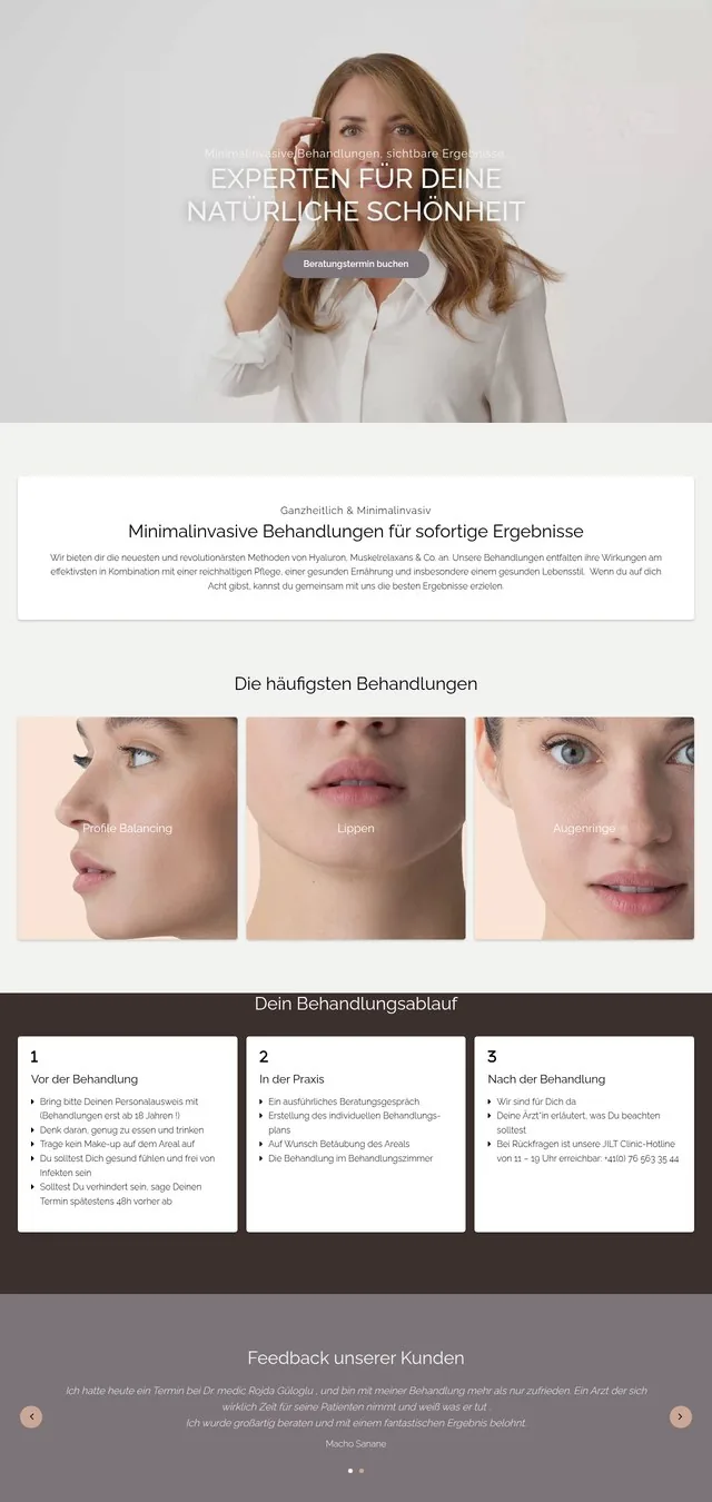 Live Jilt Clinic homepage on jiltclinic.ch with sectioned layout